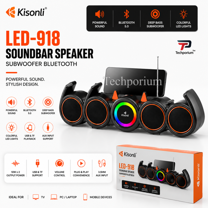 Kisonli LED-918 Wireless Bluetooth Soundbar with Subwoofer Deep Bass ...
