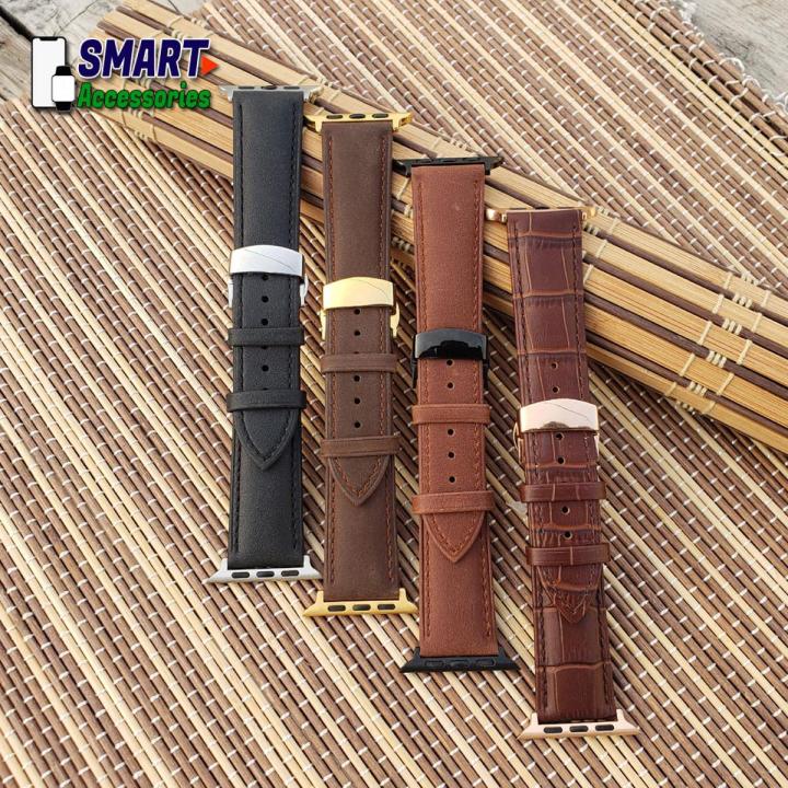 HIgh Quality Genuine Leather Watch Band Strap With Stainless Steel Butterfly Buckle Compatible With Appl Watch All Series 1, 2, 3, 4 and 5