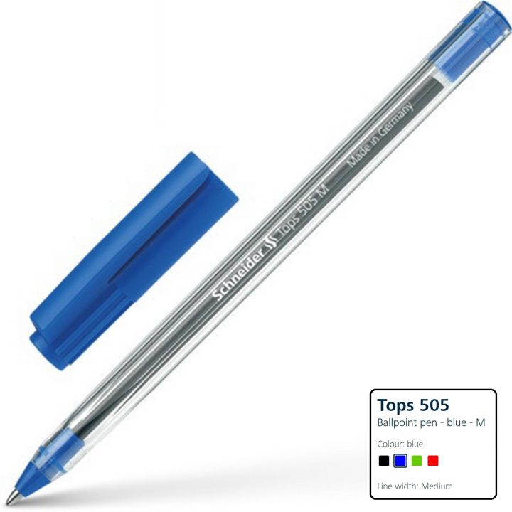 Schneider Tops 505 M (Pack of 6) Premium Ballpoint Pen with Clip Cap - Medium Line Width (0.5 mm) | Transparent Barrel for Ink Level Visibility | Stainless Steel Tip | Smudge-Free Writing | Schneider Pen | Schneider 505M | Ball Pen