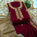 3Pc Heavy Pure Handmade Dress Wedding Wear Kattan Silk Beautiful Handmade Mooti Crystal Work & Kundan Work Shirt  Net Mirroe Work Dupatta With 4 Sided Gotta Lase  Kattan Silk Plain Trouser. 