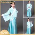 Enigma- Cotton Blend Hanfu Traditional Han Chinese Clothing Set for Girls with Wide-sleeves Top Long Skirt Perfect for Dance Stage Performance Costume Kids Hanfu Kit in Floral Print Solid Color Wide Waist. 