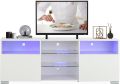 TV LCD LED Media White TV Stand w/Lights Modern LED TV Stand w/Remote Control High Gloss Media Console for 60 Inch TV Entertainment Center with 3 Layers, 2 Doors and Open Shelf. 