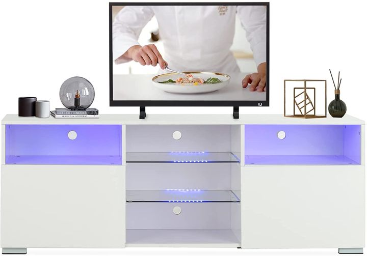 TV%20LCD%20LED%20Media%20White%20TV%20Stand%20w/Lights%20Modern%20LED%20TV%20Stand%20w/Remote%20Control%20High%20Gloss%20Media%20Console%20for%2060%20Inch%20TV%20Entertainment%20Center%20with%203%20Layers,%202%20Doors%20and%20Open%20Shelf%20-%20Image%204