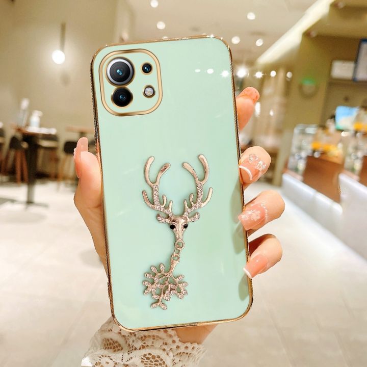 FELMYST Mascot Case For Xiaomi Mi 11 Lite 5G NE 3D Luxury Reindeer Gold Plated  Mobile Phone Casing Square Pendant Inlaid Brick Girl Boy Gift Soft Shockproof Cover Cases