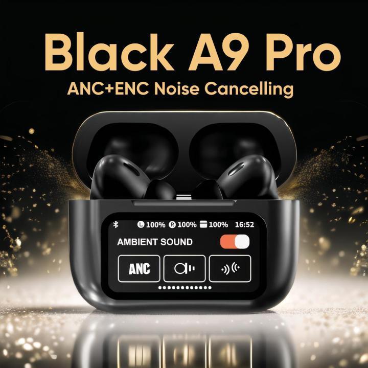 A9 Pro Black AirPods – Wireless Bluetooth Earbuds with Mic, Touch Control, Hi-Fi Sound, Long Battery Life – Compatible with Android & iOS