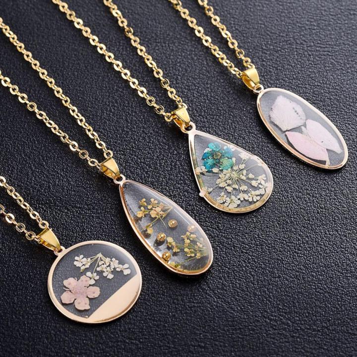 1Pcs Transparent Acrylic Preserved Fresh Hibiscus Flower Charms Eternal Dried Petal Specimens Resin Pendant Alloy Chain Necklace