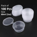 Pack of 100 - 60ml (2oz) Small Sauce Storage Boxes/Cup, Sauce Containers Package Box & Lid portable- Clear Transparent Plastic. 