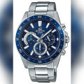 Casio Edifice Mens Steel Case Blue Bezel Blue Chronograph Dial Silver Steel Band Watch-EFV-570D-2AVUDF. 
