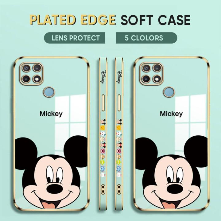(Free Lanyard) Luxury 6D Plating Case for OPPO A12S Phone Cases Cartoon Big Head Mouse Side Print Soft Silicone Square Back Cover