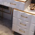 Modern White Dressing Table Set with Mirror and Tufted Stool - Geometrical Design - Makeup Vanity Desk with Storage Cabinet - Ideal for Ladies' Bedroom, Studio, and More. 