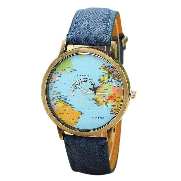 World Map Dial Analog Watch For Women/Girls – Blue