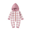 Newborn Hooded Knit Jumpsuit, Toddler Casual Plaid Pattern Long Sleeve Button Romper. 