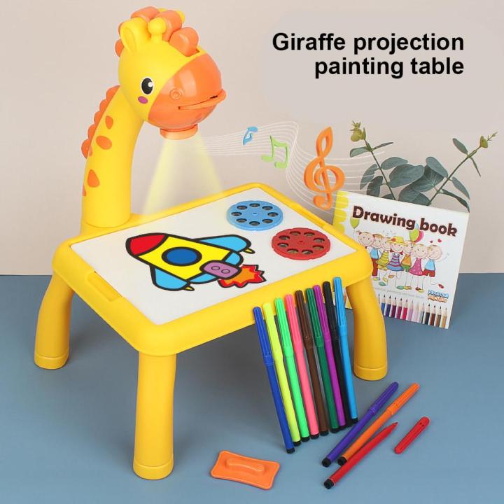 Kids Giraffe Projector Painting & Drawing Table Set - 24 Patterns Toys Projector Painting Early Learning Erasable Writing and Drawing Board