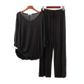 REXBAZAR - Plain Black V Neck with Palazzo Style Pajama Full Sleeves night suit for her. 