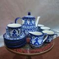 Blue Pottery Tea Set, 15 Pcs, 6 Person Serving. 