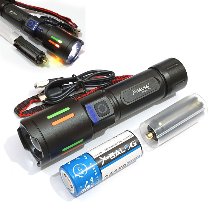 Rechargeable X-Balog BL-611 TG Multi Functional Emergency Torch Imported Super Strong High Beam Telescopic zoom Torch Flashlight Laser LED Torch 800 meters to 1km Range 26650 Battery