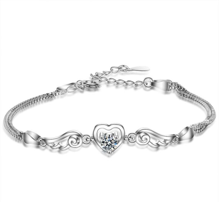 Elegance Angel Wings Crystal Heart Bracelet For Women Girl Lady Wedding Birthday Gift 925 Silver Jewelry