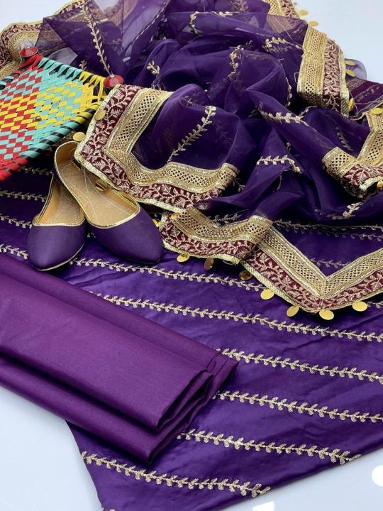 4Piece Unstitched Wedding Dress for Women Shamooz Silk Shirt, Kataan