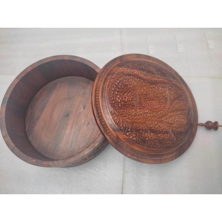 Wooden Handmade Hot Pot with Lid Wooden Hot Pot Casserole Dish with Lid, Tortilla Chapati Keeper/Warmer Casserole With Brass Finish Kitchen Home Décor Dinning Ideal for Gift on Eid Roti box