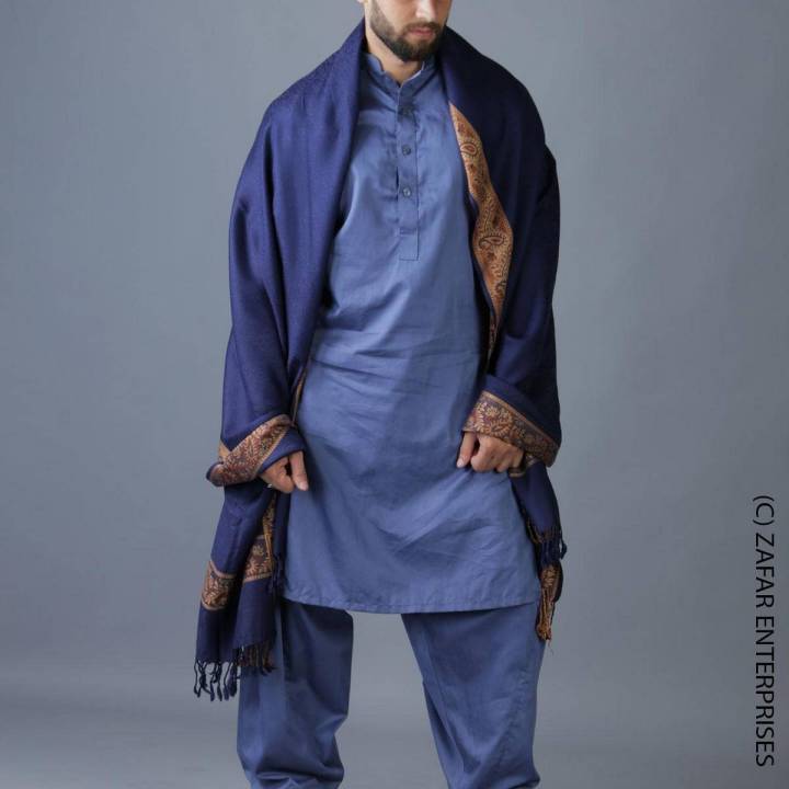 Navy Blue Baghdadi Iraqi Style 4 Border Chadder  Shawl  Dastaar For Men SHL-182-5