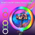 MJ18 45CM RGB LED Soft Ring Light with 3 Phone Holders and Remote Control with Different Color Modes and Brightness Level for Phone Camera, Selfie Live Stream, Video Shooting and Makeup (Without Stand). 