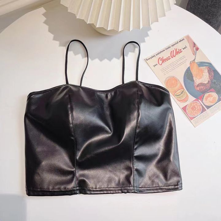 Camisoles%20Tanks%20Sexy%20Bare%20Midriff%20PU%20Leather%20Halter%20Crop%20Tops%20Women%20with%20Bra%20Pad%20Spaghetti%20Strap%20Tank%20Top%20Camis%20Female%20Sleeveless%20Cropped%20Vest%20-%20Image%204
