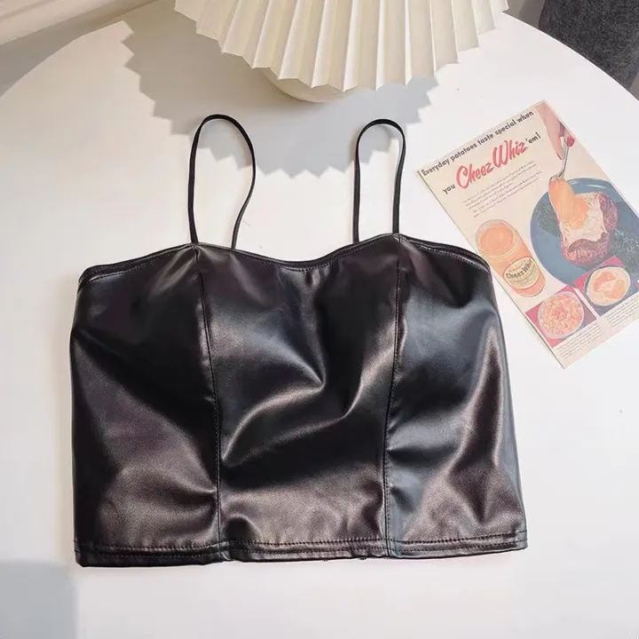 Camisoles%20Tanks%20Sexy%20Bare%20Midriff%20PU%20Leather%20Halter%20Crop%20Tops%20Women%20with%20Bra%20Pad%20Spaghetti%20Strap%20Tank%20Top%20Camis%20Female%20Sleeveless%20Cropped%20Vest%20-%20Image%204