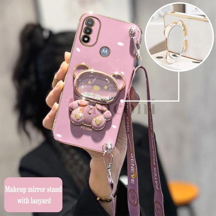 Powerlus G97 E7 P E20 E pull Moto suitable for Motorola stand protective shell mirror lanyard electroplating hand quicksand raccoon makeup G8 E7 G22 G10 protective case
