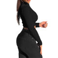 Women Solid Color Crop Top, Long Sleeve Half-open Collar Zipper Clothes Top (Black, Gray). 