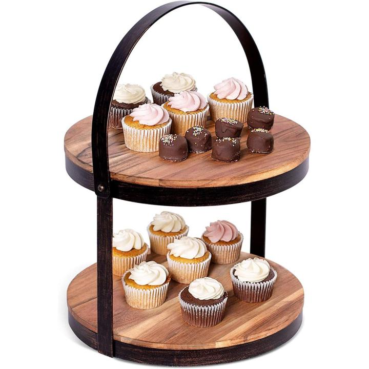 2-Tier Cupcake Stand -Wood Iron Dessert Serving Tray, Cake Stand With Handle Farmhouse Dessert Stand Modern Party Tiered Server Table Kitchen Home Display Round. Size 11.5″ x 8.75″ Approxmatily Customize by HB Steel Fixerr