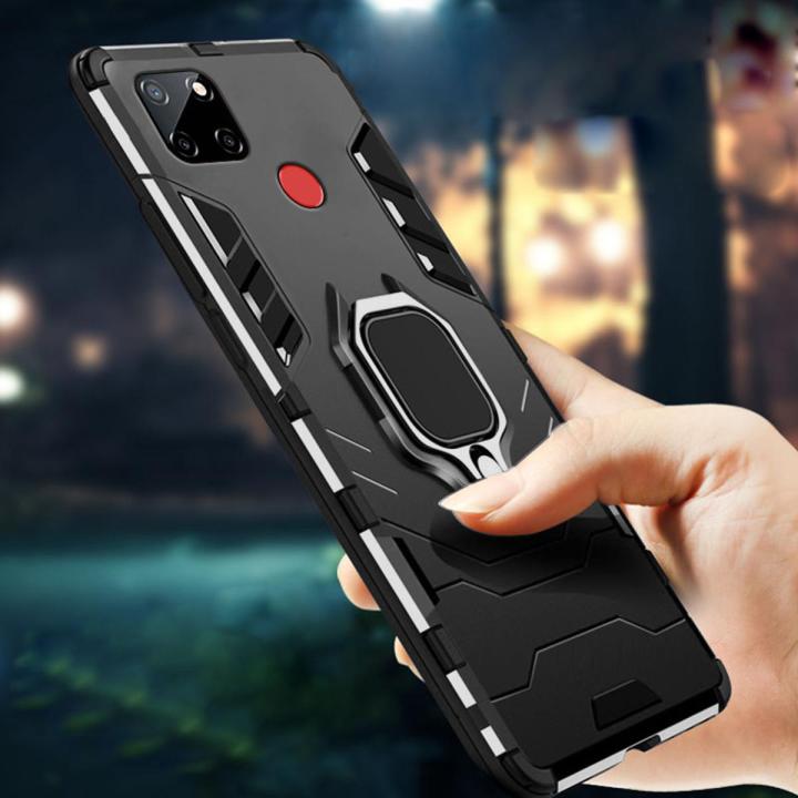 Biruiqu For Realme C12 Soft TPU+Hard PC Black Panther Shockproof Slim Protective Case Cover with Kickstand