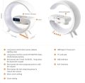 G Shape LED Night Lamp with Wireless Charging Bluetooth Speaker with Sunrise WakeUp Light, RGB Lamp, Clock, Alarm, Dimmable Night Light Lamp Alarm Clock with Music Sync. 
