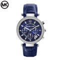 Michael Kors Blue Dial Blue Leather Strap Chronograph Watch For Women MK-2384. 