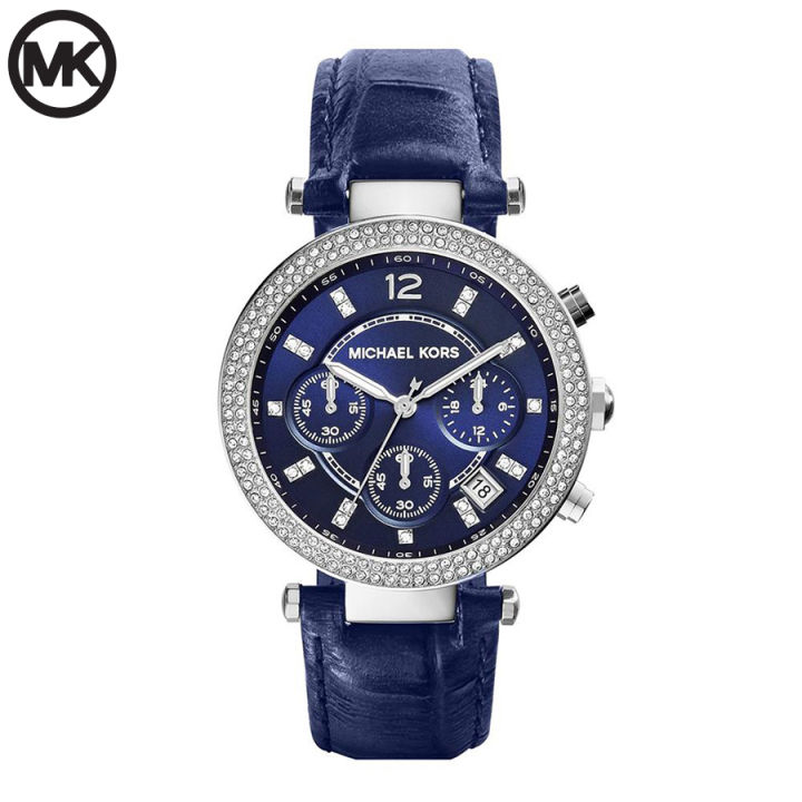 Michael Kors Blue Dial Blue Leather Strap Chronograph Watch For Women MK-2384