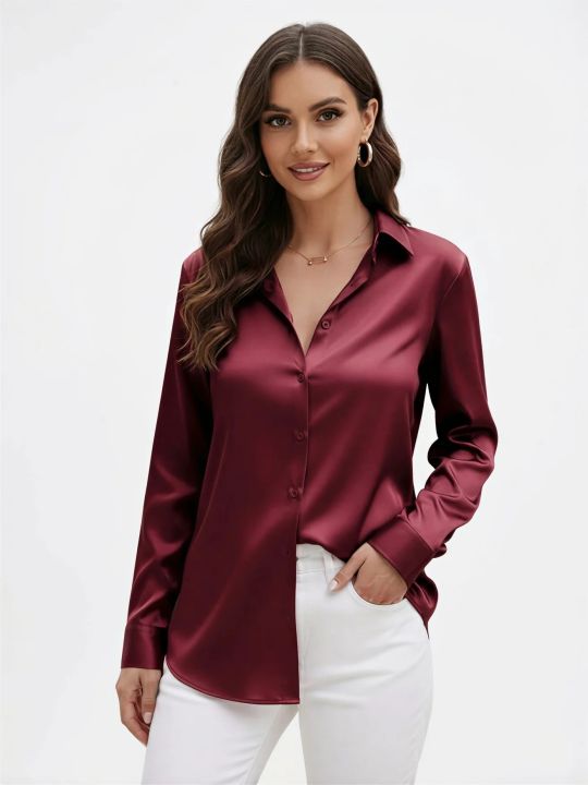 Button Down Women Maroon Satin Shirt Full Sleeves | Ladies Silk Look Button Down Shirt | Casual Formal Office Wear Blouse | Stylish Collared Top for Girls & Women | Trendy Western Fashion Shirt  Silk Pjs Women Dress Top tank