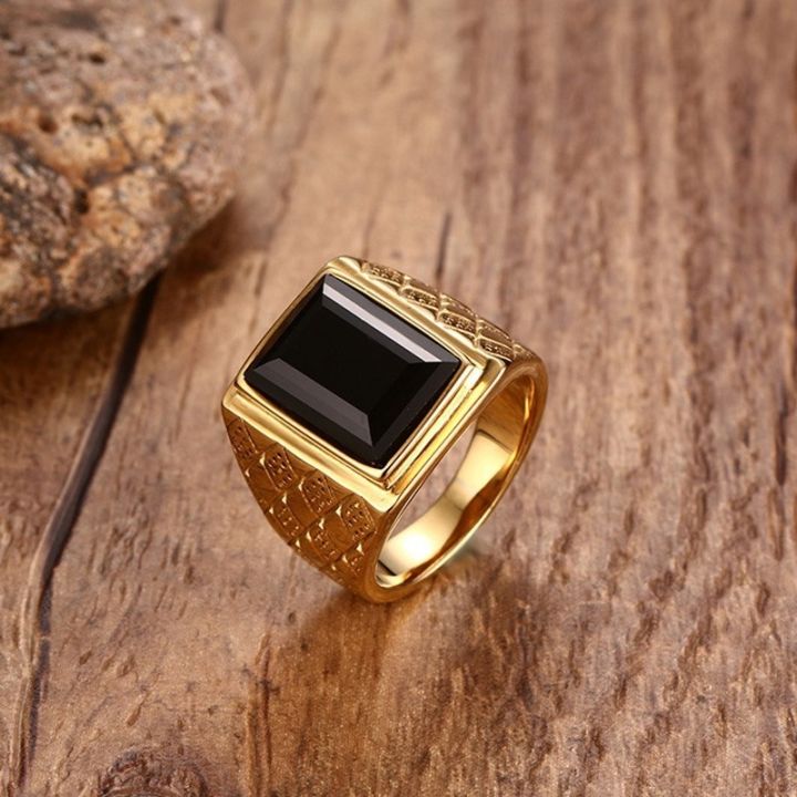 New Fashion Men's Large Black Zircon Seal Ring Gold Color Stainless Steel Men's Tribal Charm Jewelry Gifts for Boys