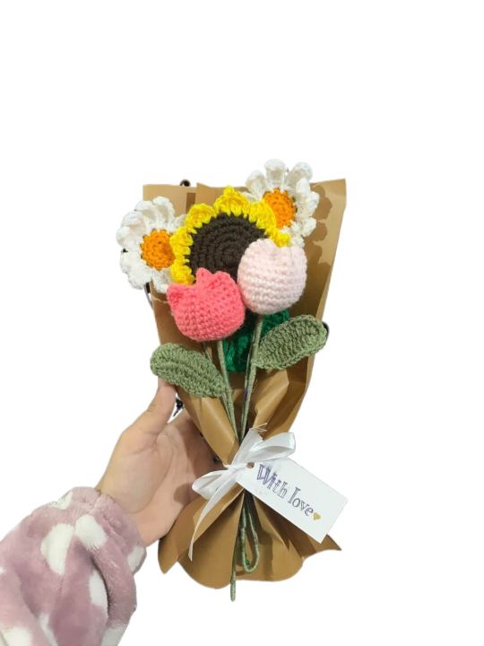 Crochet sunflower tulip daisy with complementary khaaki wrapping with a note / crochet bouquet