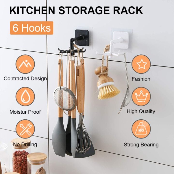 Self-Adhesive 360 Degrees Kitchen Bathroom Hook Storage Hanger Wall Hanging Cabinet Shelf Rotating Folding Hooks Foldable Rotatable Mounted Organizer Holder Moisture Proof Swivel Seamless Hangers Mount