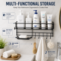 Bathroom Storage Shelf With hooks and Soap Dish Easy Mount Shower Shampoo Rack Holder washroom Basket No Drilling, Design for Bathroom Bedroom Living Room and Kitchen Organizer shelf. 