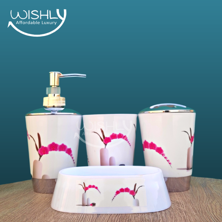 Wishly%20Plastic%20Bathroom%20Accessory%204%20Pcs%20Set%20Printed%20Mod%20Pink%20Rose%20Vase%20Chrome%20Design%20Soap/Hand%20wash%20Dispenser,%20Bathroom%20Tumbler,%20Soap%20Dish,%20Toothbrush%20Holder,%20Toothbrush%20Cup%20for%20Countertop%20Home%20Decor%20Housewarming%20Gift%20Bath%20Set.%20-%20Image%202