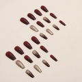 24Pcs Long Red Fake Nails Gold False Nails Wearable Artificial Nails with Glue for Women Girl. 