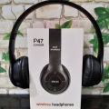 P47 Black Wireless Bluetooth Headphones Over Ear Foldable Headset for Music Calling Talking FM Ratio Pubg Gaming with Mic Microphone Stereo Bass 3.5mm Audio Jack Support With SD Card Options. 