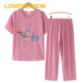 Loveseason Summer Top Trousers Set Tree Branch Print Summer Women T-shirt Long Pants Set. 