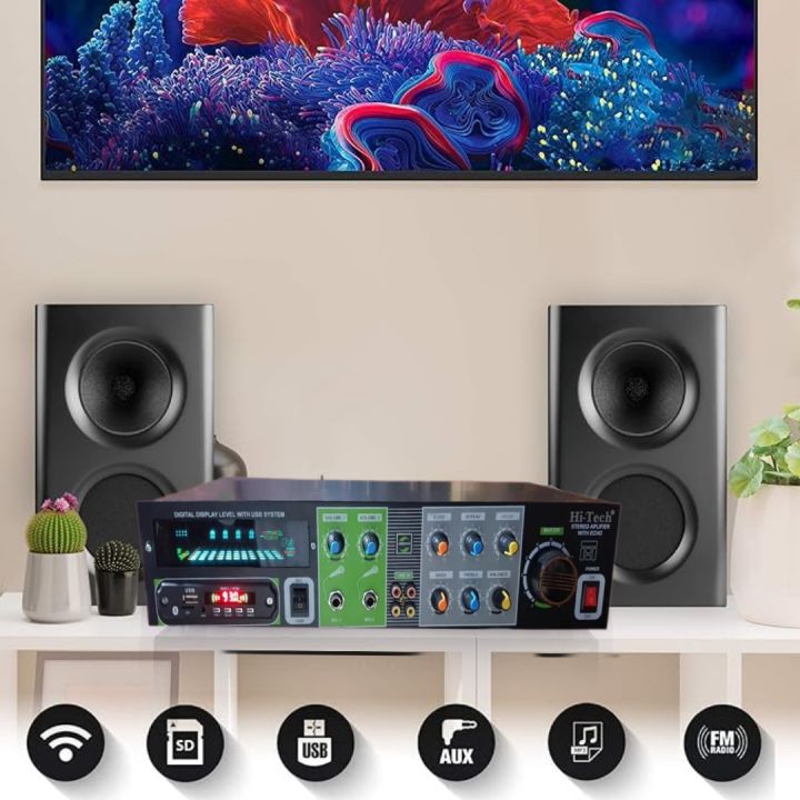 Bluetooth Home Audio Amplifier System-Upgraded 2 Channel 300 Watt Wireless Home Audio Sound Power Stereo Receiver w/USB, Micro SD, Headphone,2 Microphone Input w/Echo, Talkover for PA