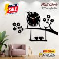 Gift City Presents Bird on Tree with Coffee Cup Acrylic Wall Clock for Home and Offices, 3D Design Self Adhesive. 