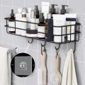 Bathroom Metal Shelf with 4 hooks for Room and Bathroom Storage Hanging Shelf Organizer-Wall-Mounted Spice Rack Organizer, Shower Shampoo Holder, Bathroom Corner Frame,black, white. 