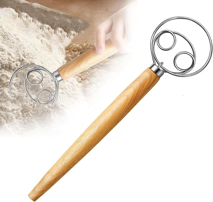 1pc Stainless Steel Handheld Manual Dough Mixer with Wooden Handle, 10.43"x2.95" Non-Stick Baking Tool, Egg Whisk for Bread Making, Pastry, and Cake