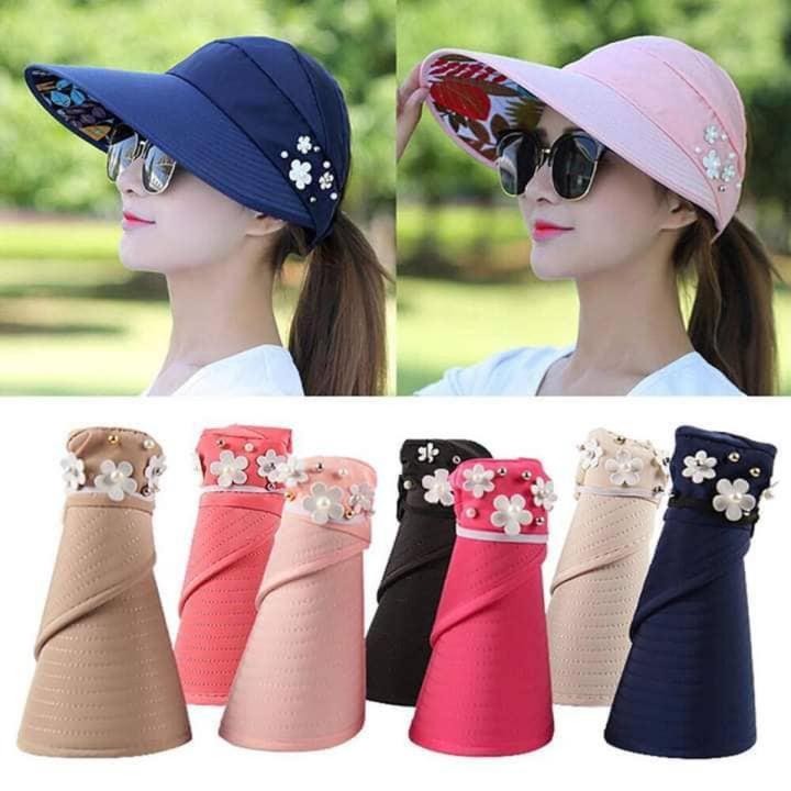 Women Cotton Outdoor Sun Hats Summer Sunscreen Cap Double Sides Floral Beach Tra - Foto 11
