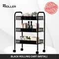 3 Tier Matt Black Metal Rolling Cart by Roller, kitchen trolly Heavy Duty Storage Utility Cart Little Organization Cart with with Handle and Locking Wheels,Multifunctional Storage Shelves for Office Kitchen Bedroom Bathroom, Matt Black ,Made in Pakistan. 