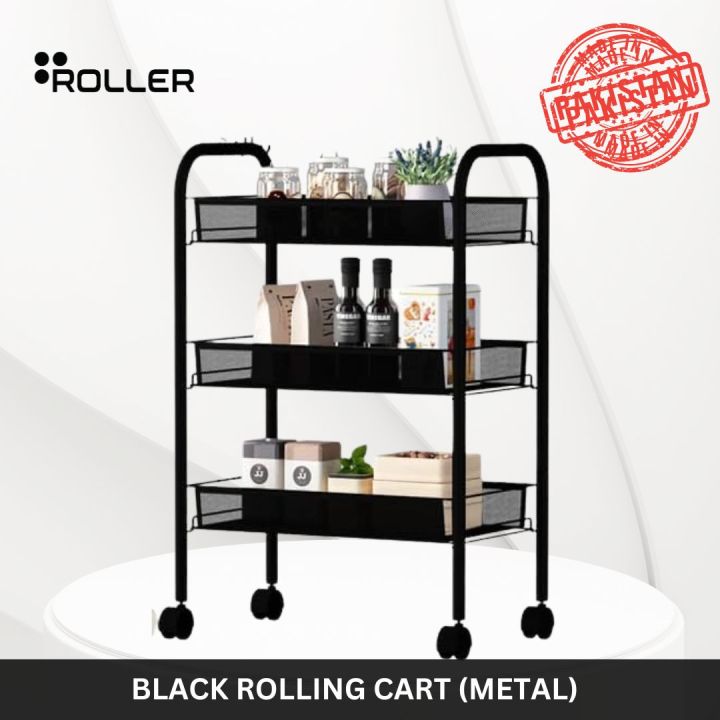 3 Tier Matt Black Metal Rolling Cart by Roller, kitchen trolly Heavy Duty Storage Utility Cart Little Organization Cart with with Handle and Locking Wheels,Multifunctional Storage Shelves for Office Kitchen Bedroom Bathroom, Matt Black ,Made in Pakistan